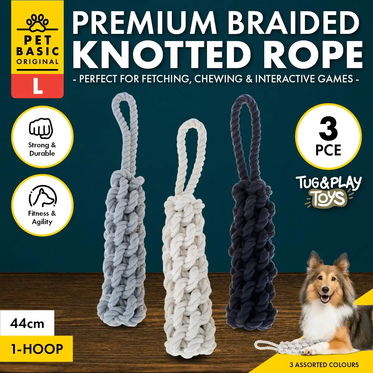 Pet Basic® 3PCE Premium Braided Knotted Rope Large Natural Fibres 44cm