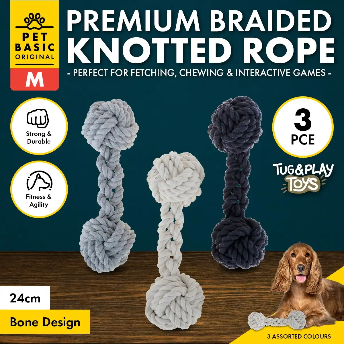 Pet Basic® 3PCE Premium Braided Knot Bone Size Medium Natural Fibres 24cm