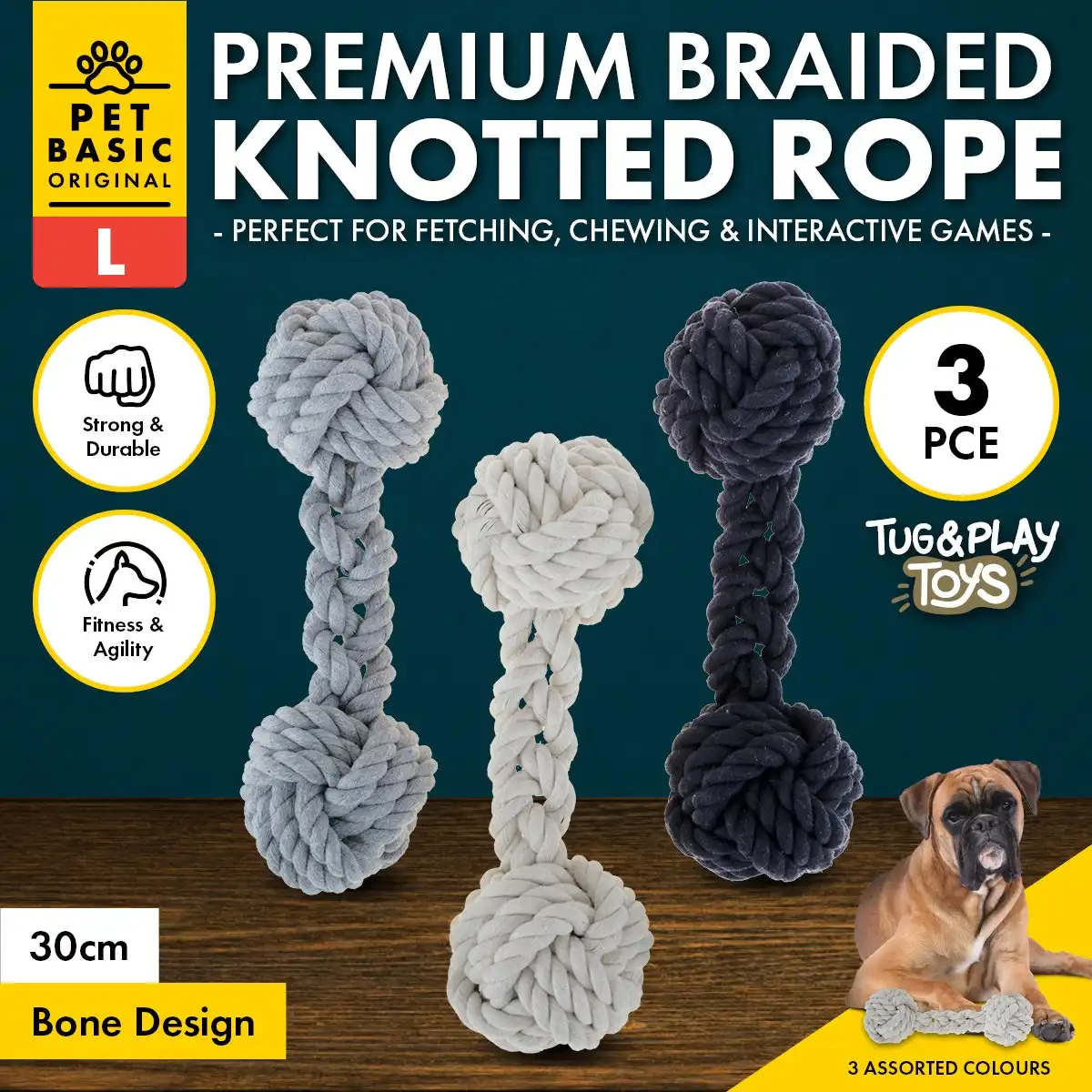 Pet Basic® 3PCE Premium Braided Knot Bone Size Large Natural Fibres 30cm