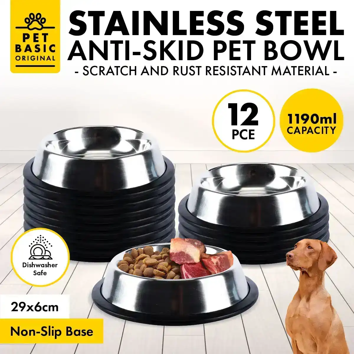 Pet Basic® 12PCE Stainless Steel Bowl 29cm Non Slip Base Rust Resistant 1190ml