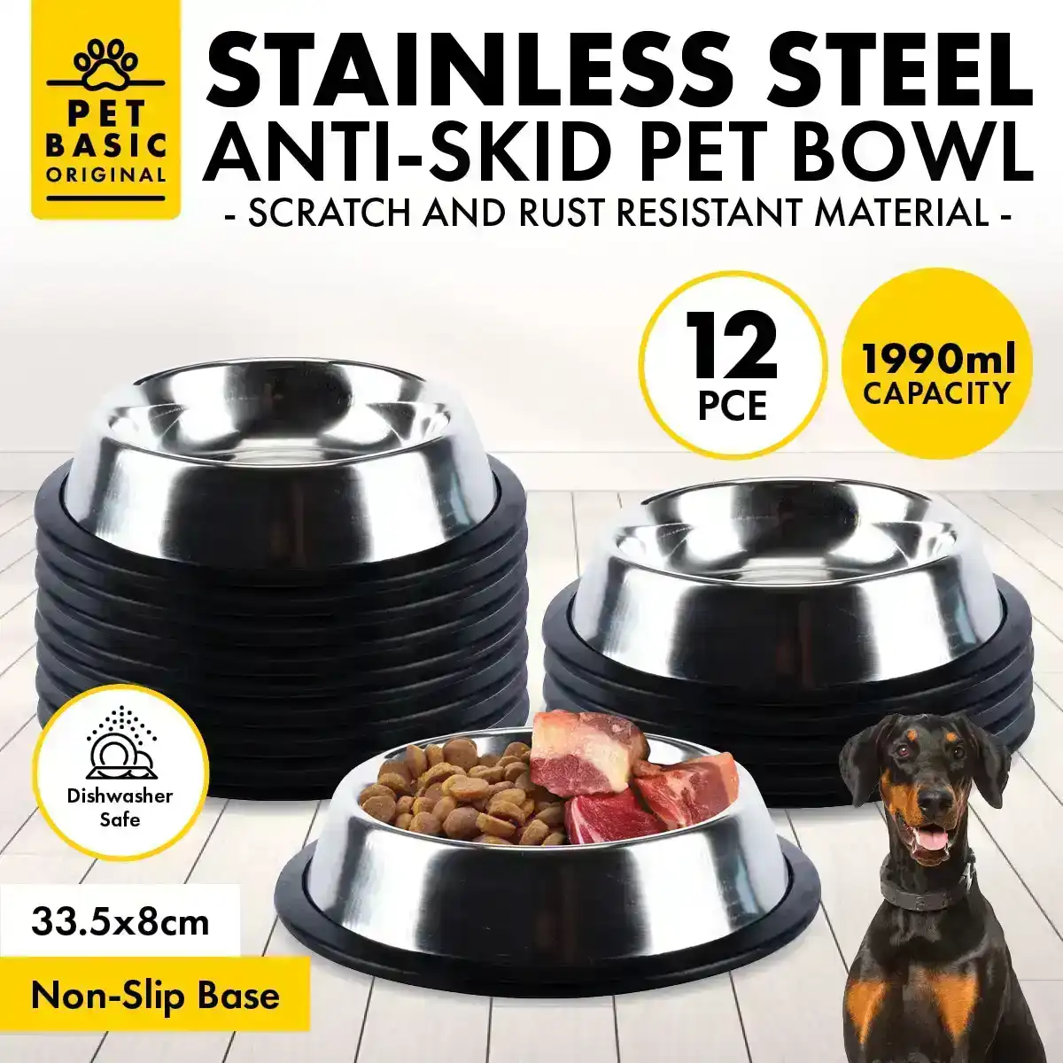 Pet Basic® 12PCE Stainless Steel Bowl 33.5cm Non Slip Base Rust Proof 1990ml