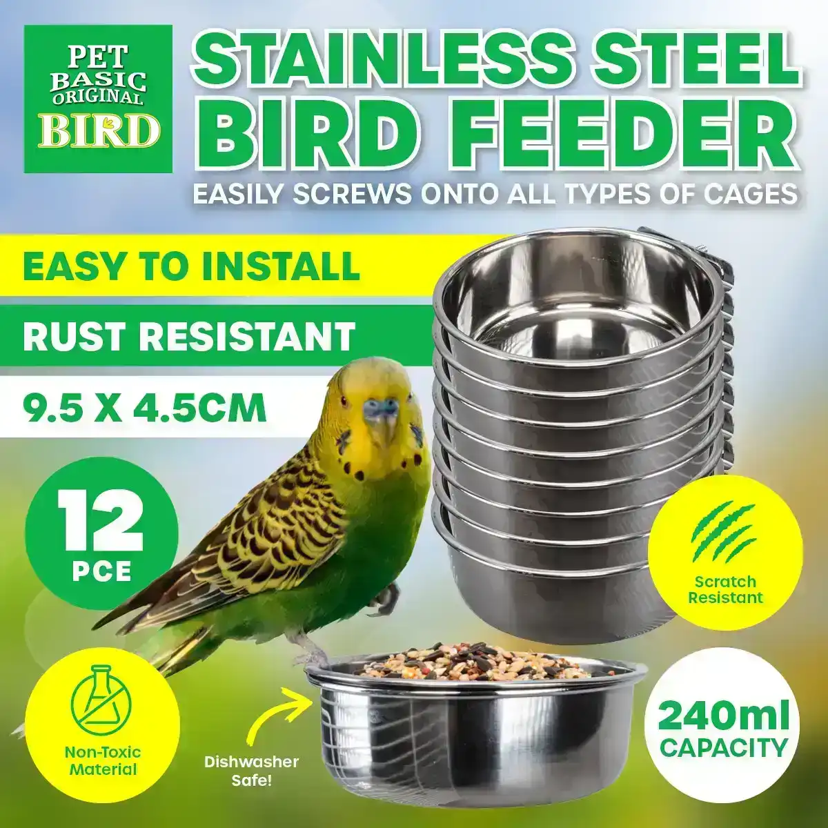 Pet Basic® 12PCE Bird Feeders 9.5cm Stainless Steel Rust/Spill Resistant 240ml