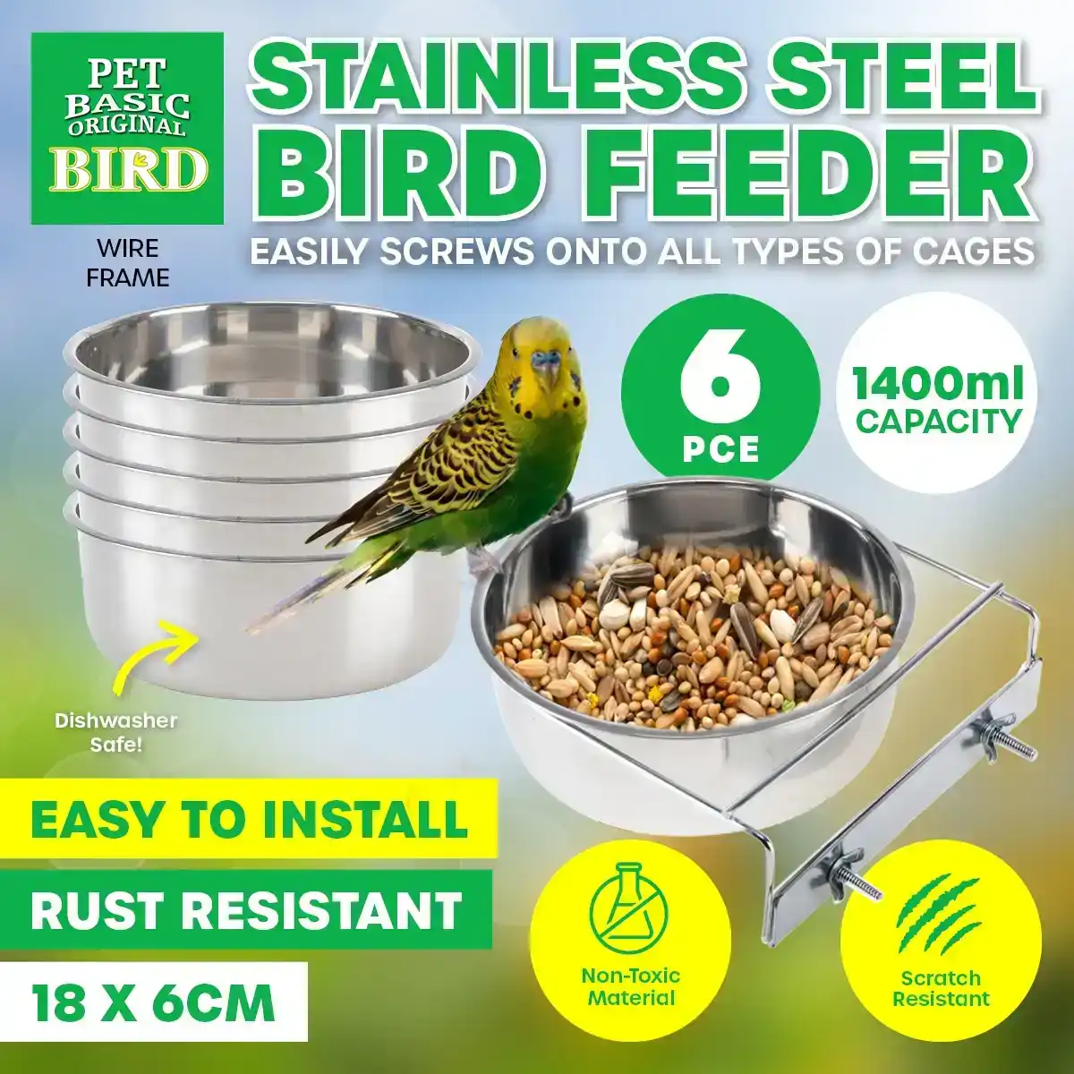 Pet Basic® 6PCE Bird Feeders 18cm Stainless Steel Rust/Spill Resistant 1400ml