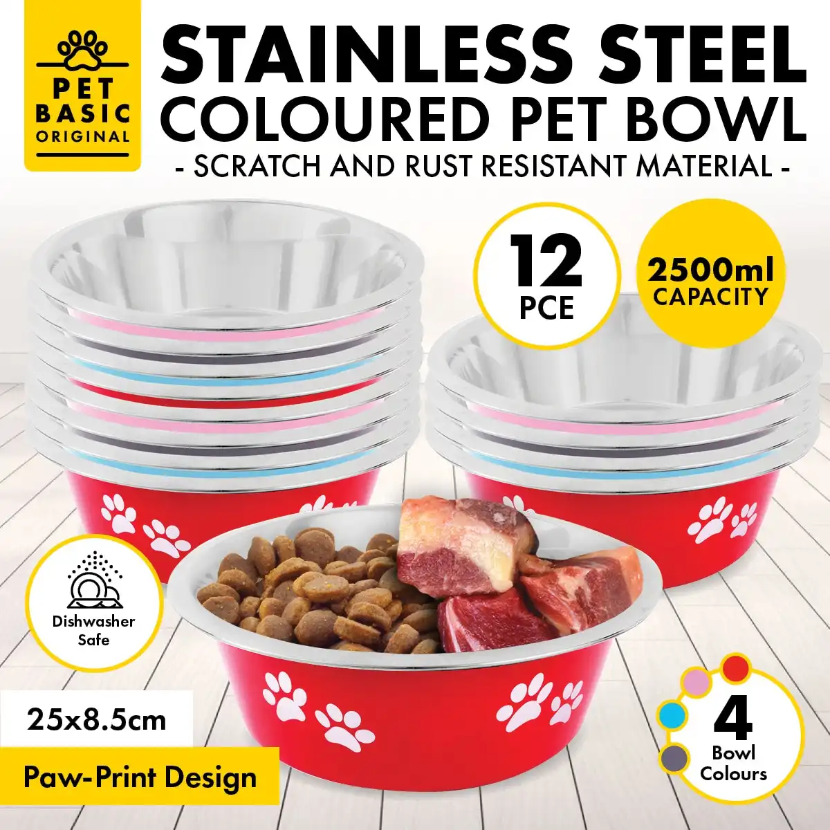 Pet Basic® 12PCE Pet Bowl 25cm Stainless Steel Coloured With Paw Prints 2500ml