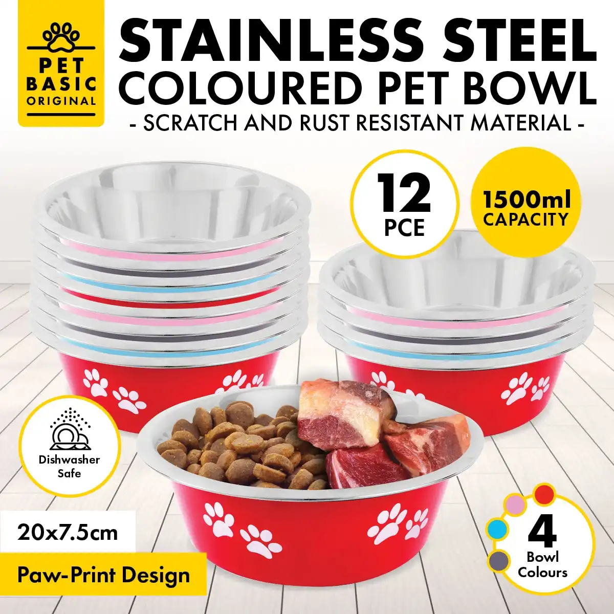 Pet Basic® 12PCE Pet Bowl 20cm Stainless Steel Coloured With Paw Prints 1500ml