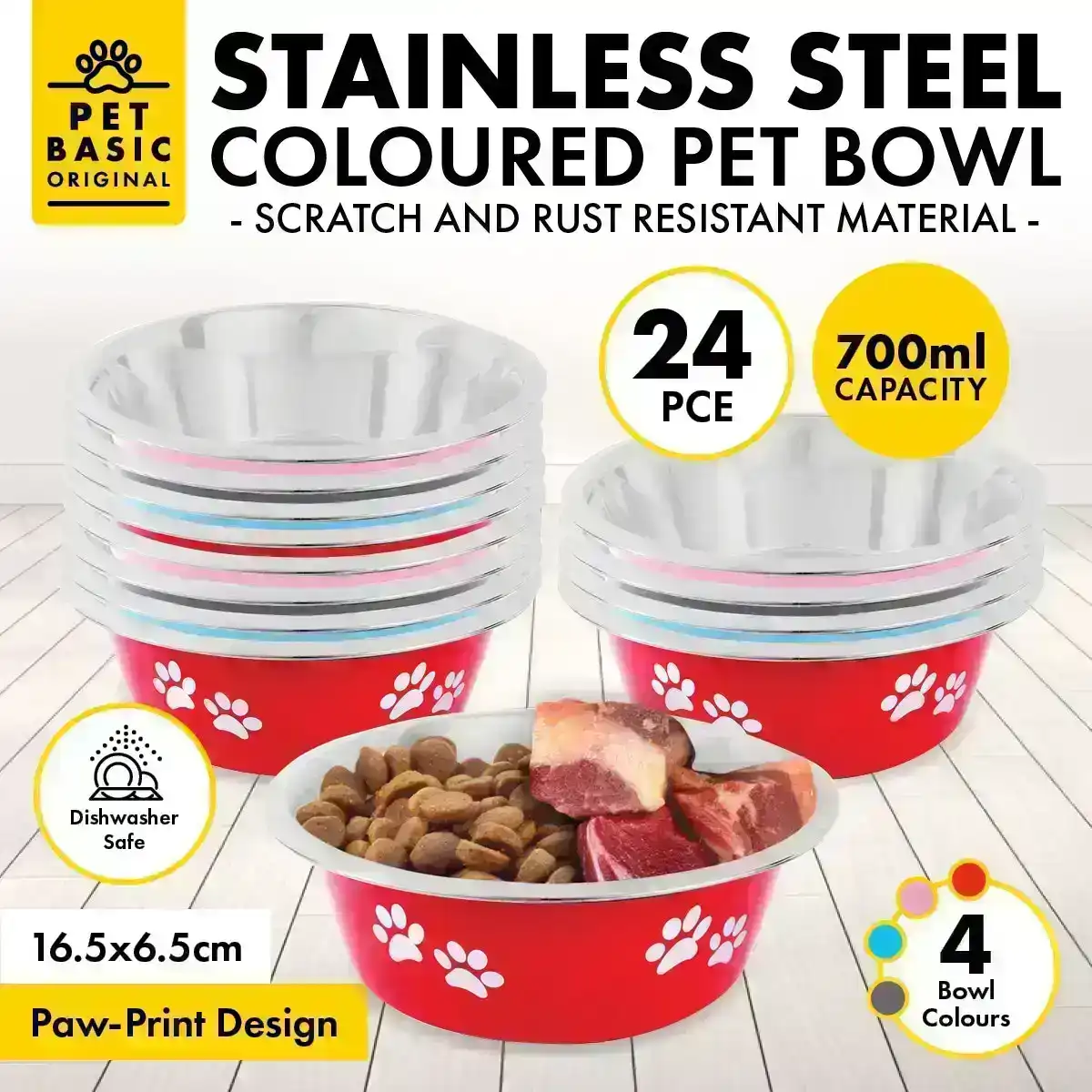 Pet Basic® 24PCE Pet Bowl 16.5cm Stainless Steel Coloured With Paw Print 700ml