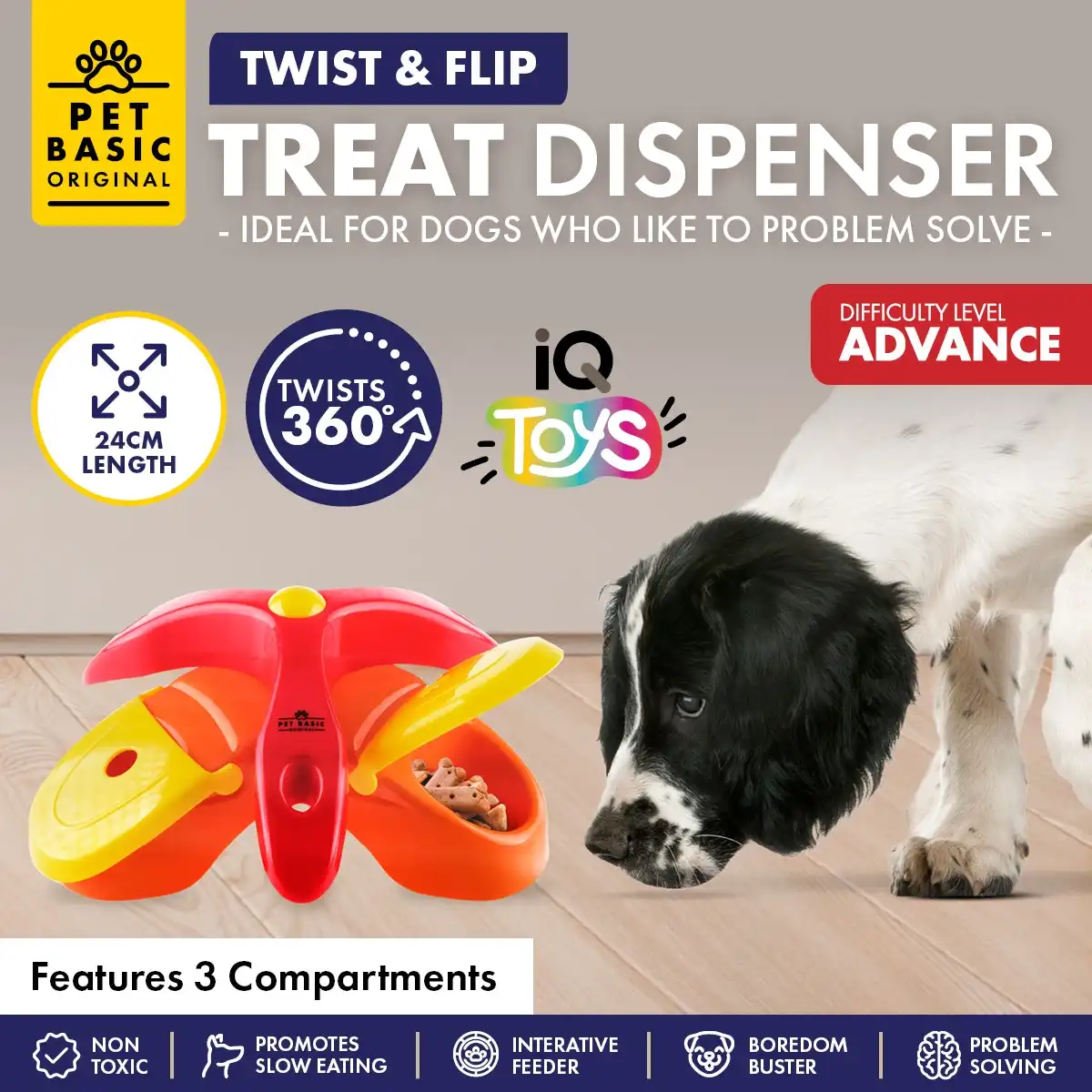 Pet Basic® Interactive Twist & Flip Treat Dispenser Advanced Fun IQ Toy 24cm