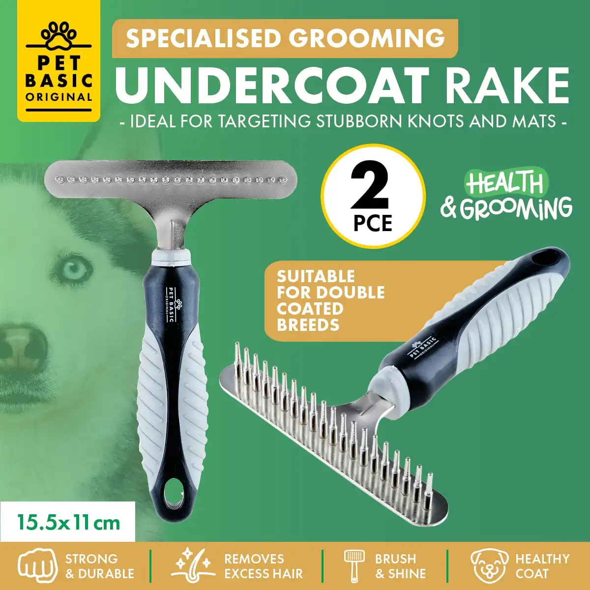 Pet Basic® 2PCE Grooming Undercoat Comb Detangle & Remove Excess Fur 15.5cm