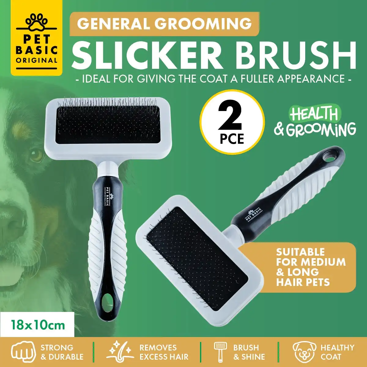 Pet Basic® 2PCE Grooming Slicker Brush Detangle & Remove Excess Fur 18cm