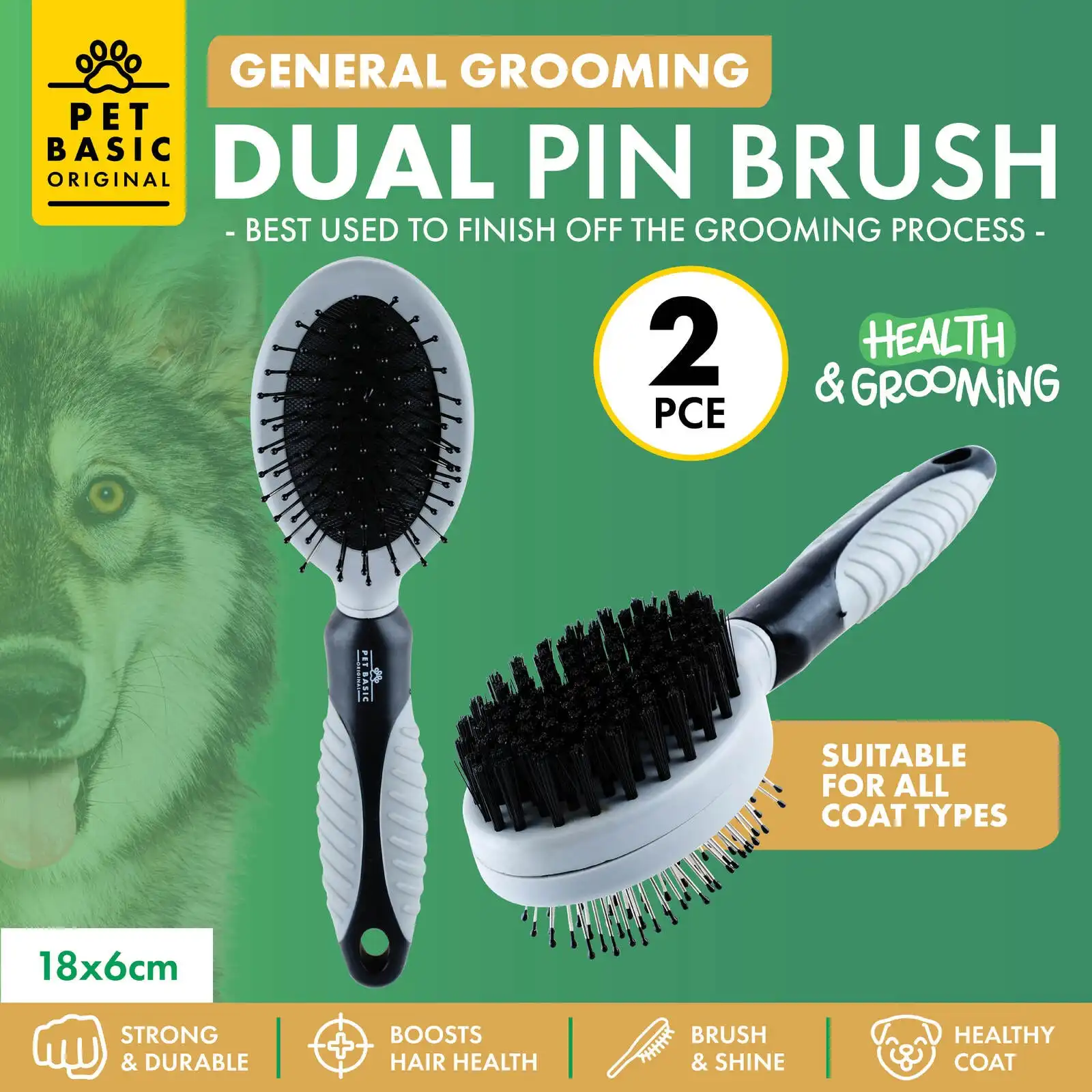 Pet Basic® 2PCE Dual Grooming Brush Gentle Bristles Remove Excess Fur 19cm