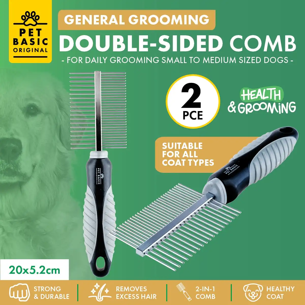 Pet Basic® 2PCE Double-Sided General Grooming Comb Remove Excess Fur 20cm