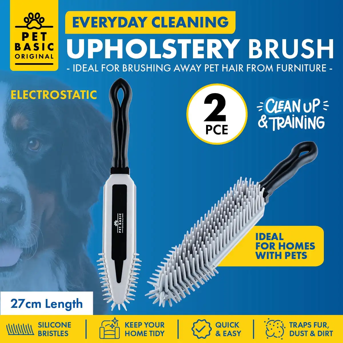 Pet Basic® 2PCE Upholstery Brush Silicone Bristles Remove Excess Fur 27cm