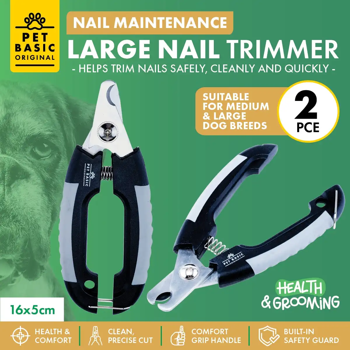 Pet Basic® 2PCE Nail Trimmers Medium/Large Breeds Built-In Safety Guard 16cm