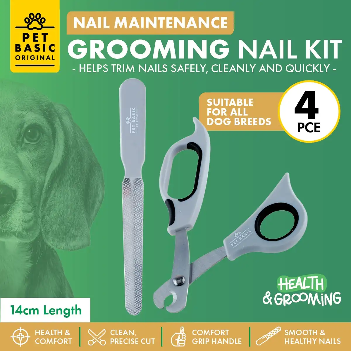 Pet Basic® 4PCE Nail Grooming Kit All Breeds Comfort Grip Handle 14cm