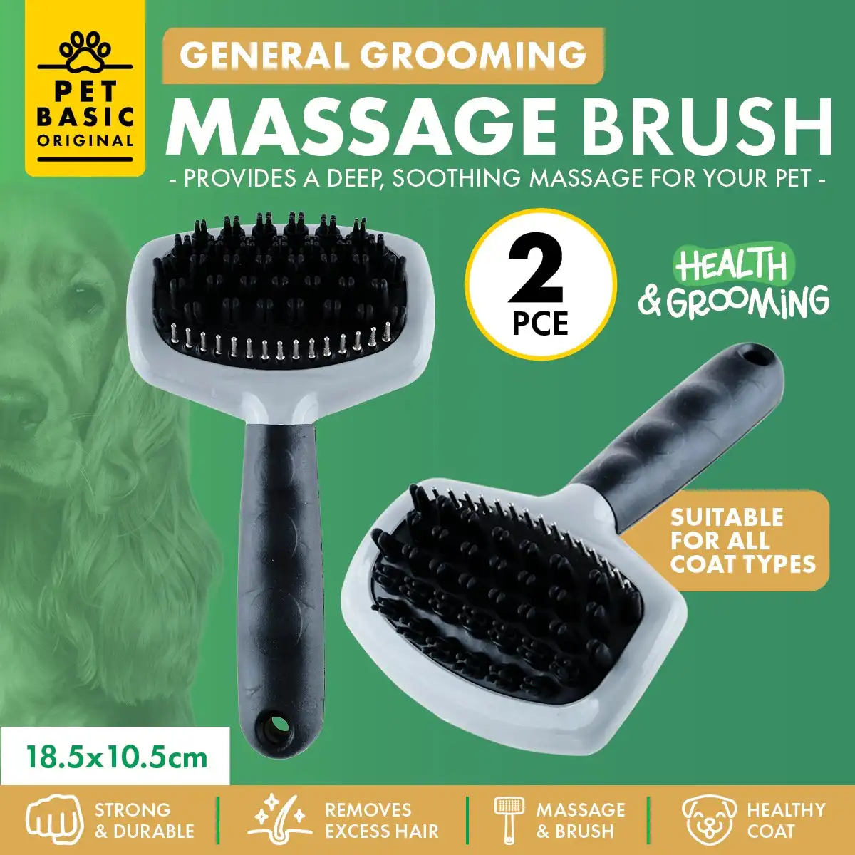 Pet Basic® 2PCE Massage Grooming Brush Soothing & Gentle Wet Or Dry 18.5cm