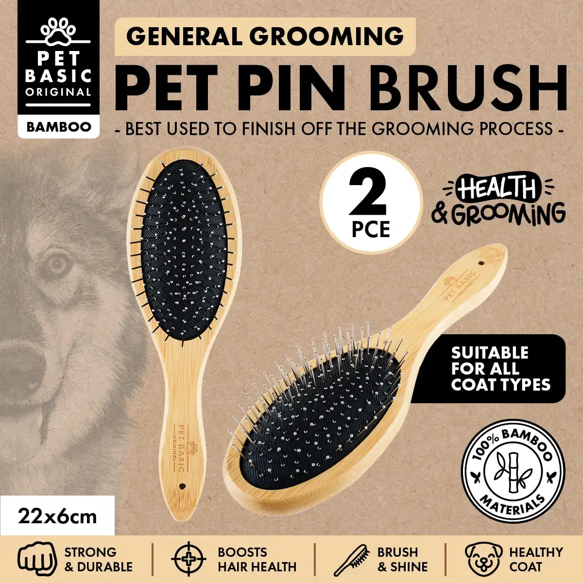 Pet Basic® 2PCE Pin Bristled Brush Bamboo Design Remove Excess Fur 22cm