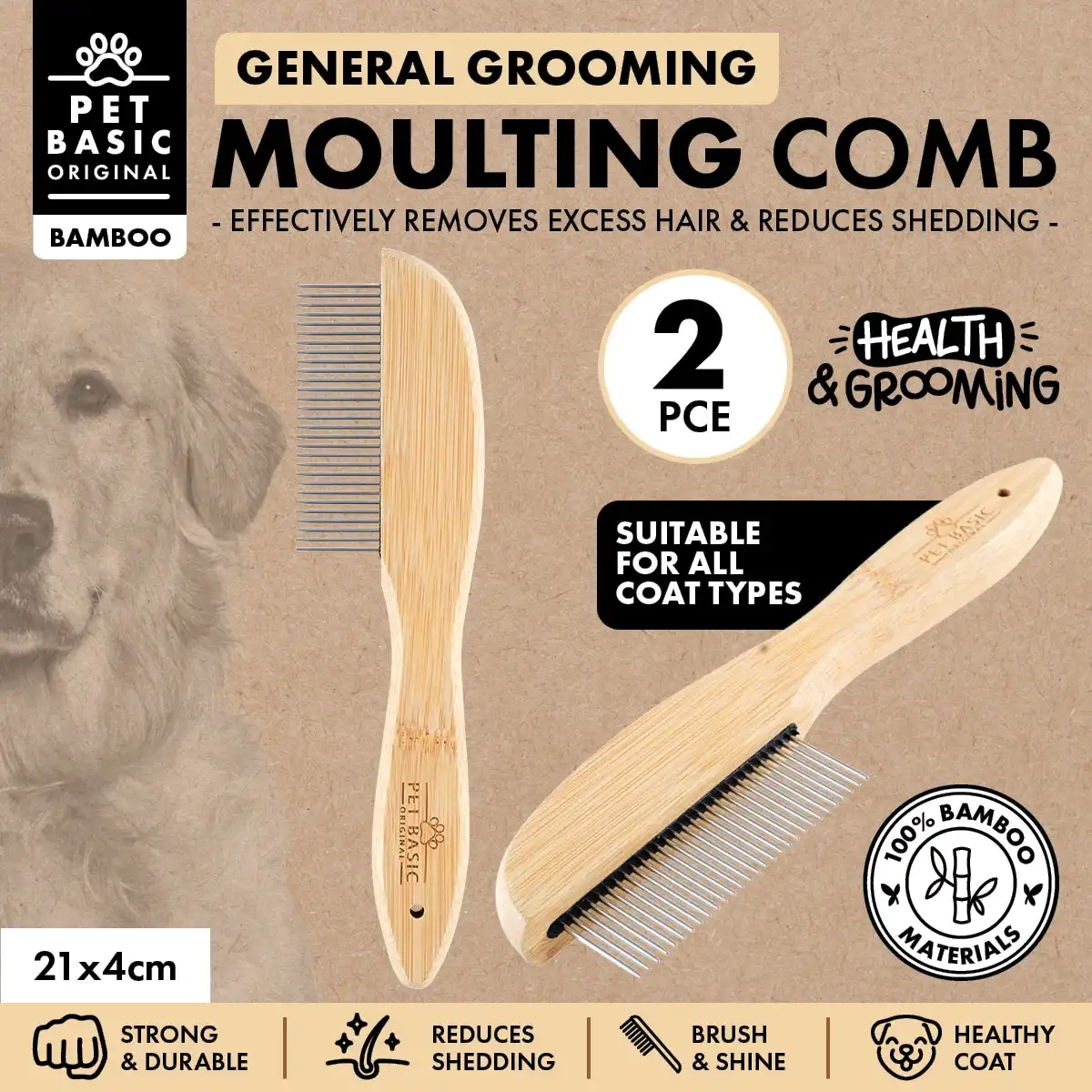 Pet Basic® 2PCE Moulting Comb Bamboo Design Remove Reduce Excess Fur 21cm