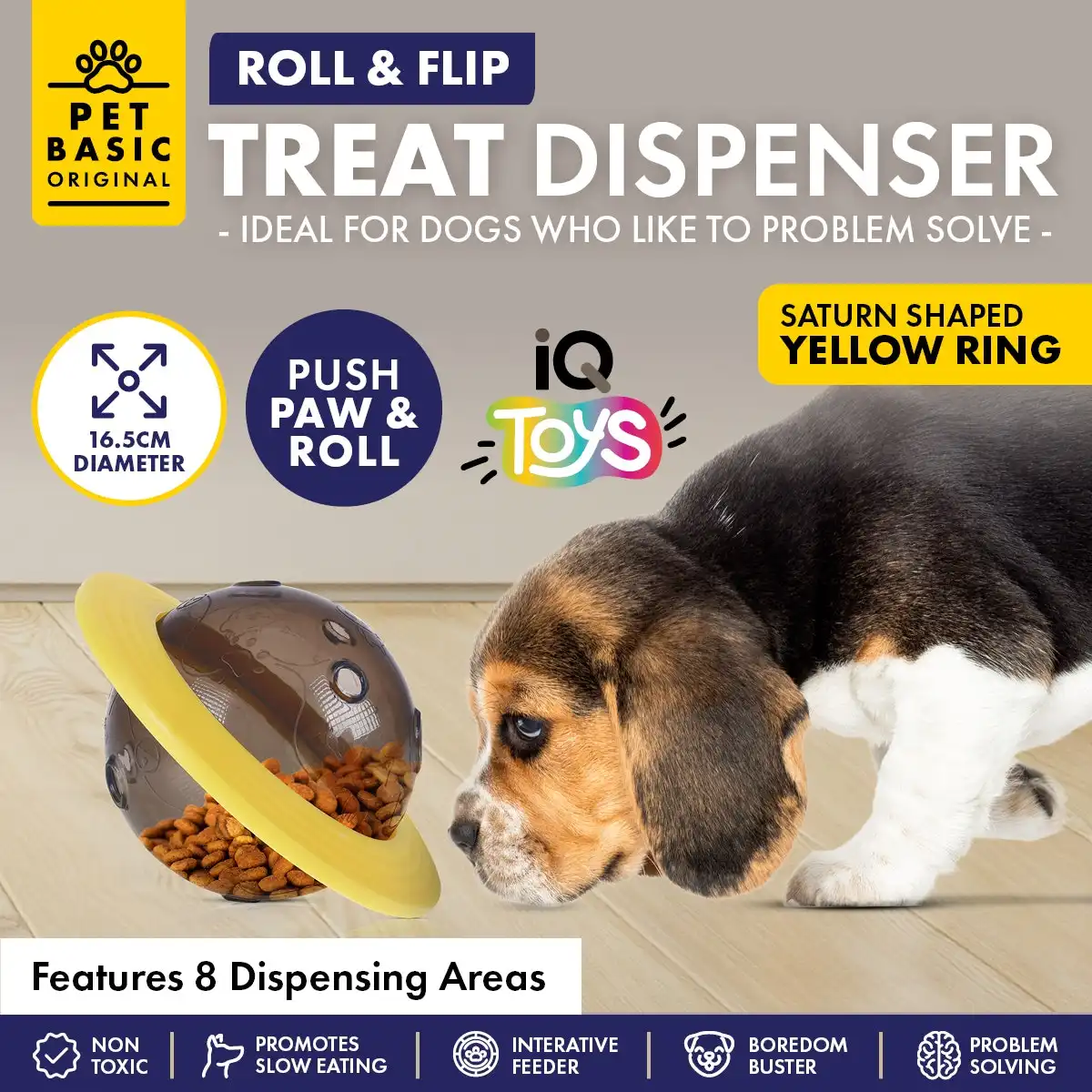 Pet Basic® Interactive Roll Push & Flip Treat Dispenser Yellow IQ Toy 16.5cm