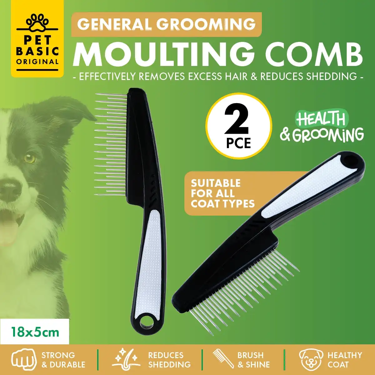 Pet Basic® 2PCE Moulting Comb Bamboo Design Remove Reduce Excess Fur 18cm