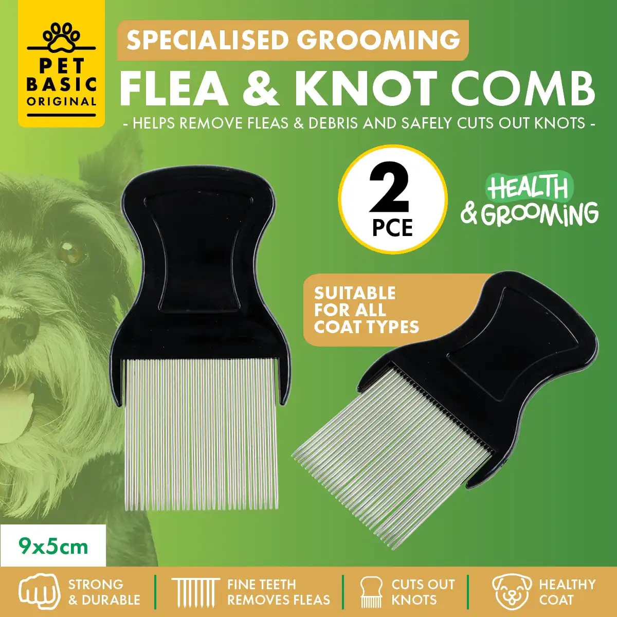Pet Basic® 2PCE Flea & Knot Grooming Comb Fine Teeth Reduce Knots 9cm