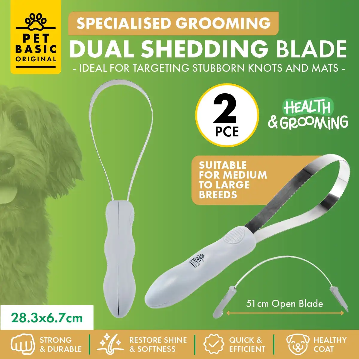 Pet Basic® 2PCE Dual Shedding Blade Smooth Brighten Coat Remove Loose Fur 28cm