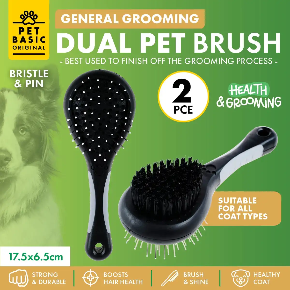 Pet Basic® 2PCE Dual Grooming Brush Gentle Bristles Remove Excess Fur 17.5cm