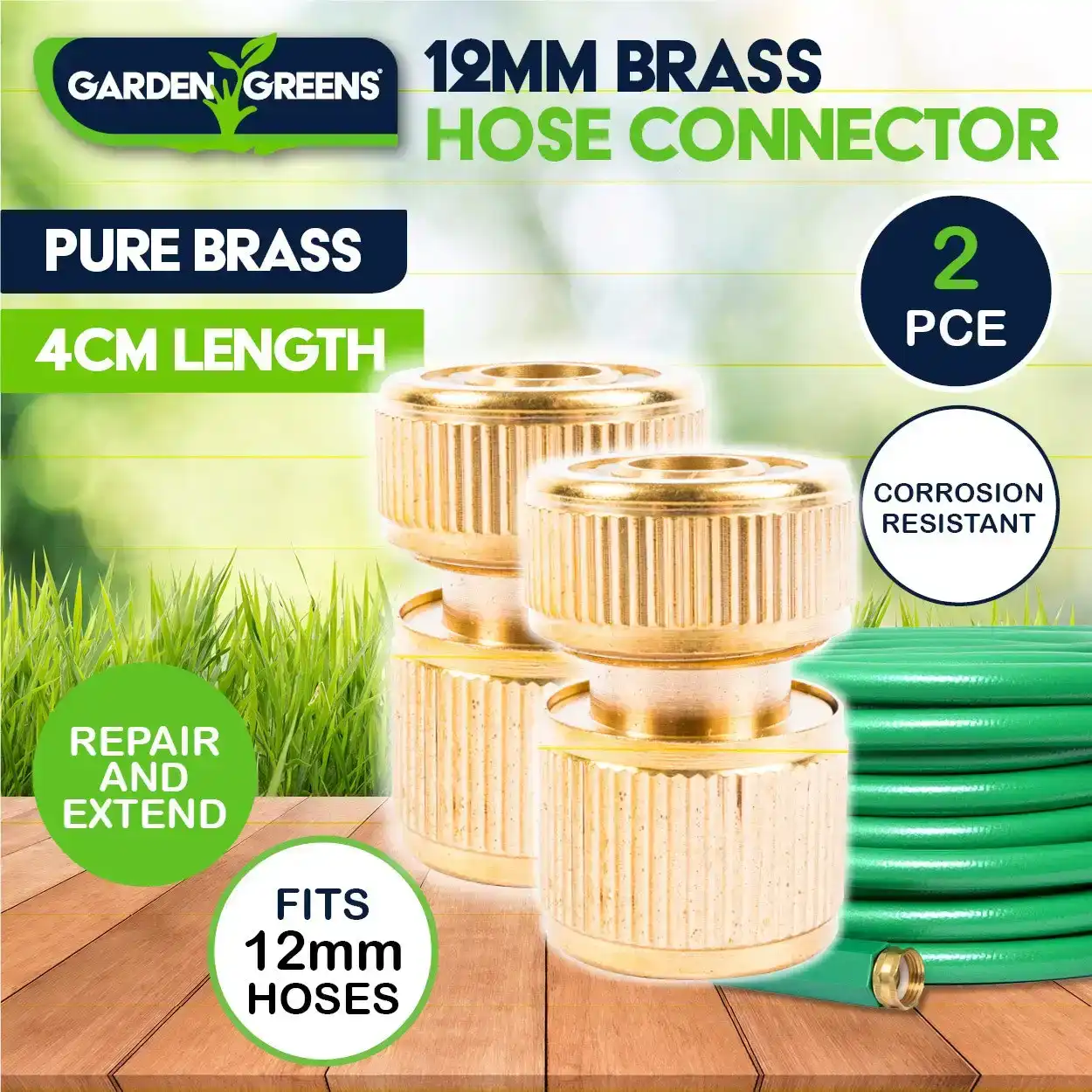Garden Greens® 2PCE Hose Connector  Pure Brass Length Standard Hose Rust Proof
