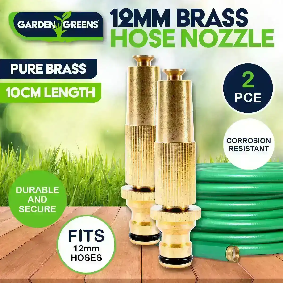 Garden Greens® 2PCE Hose Nozzle Pure Brass with Adjustable Flow Rust Proof