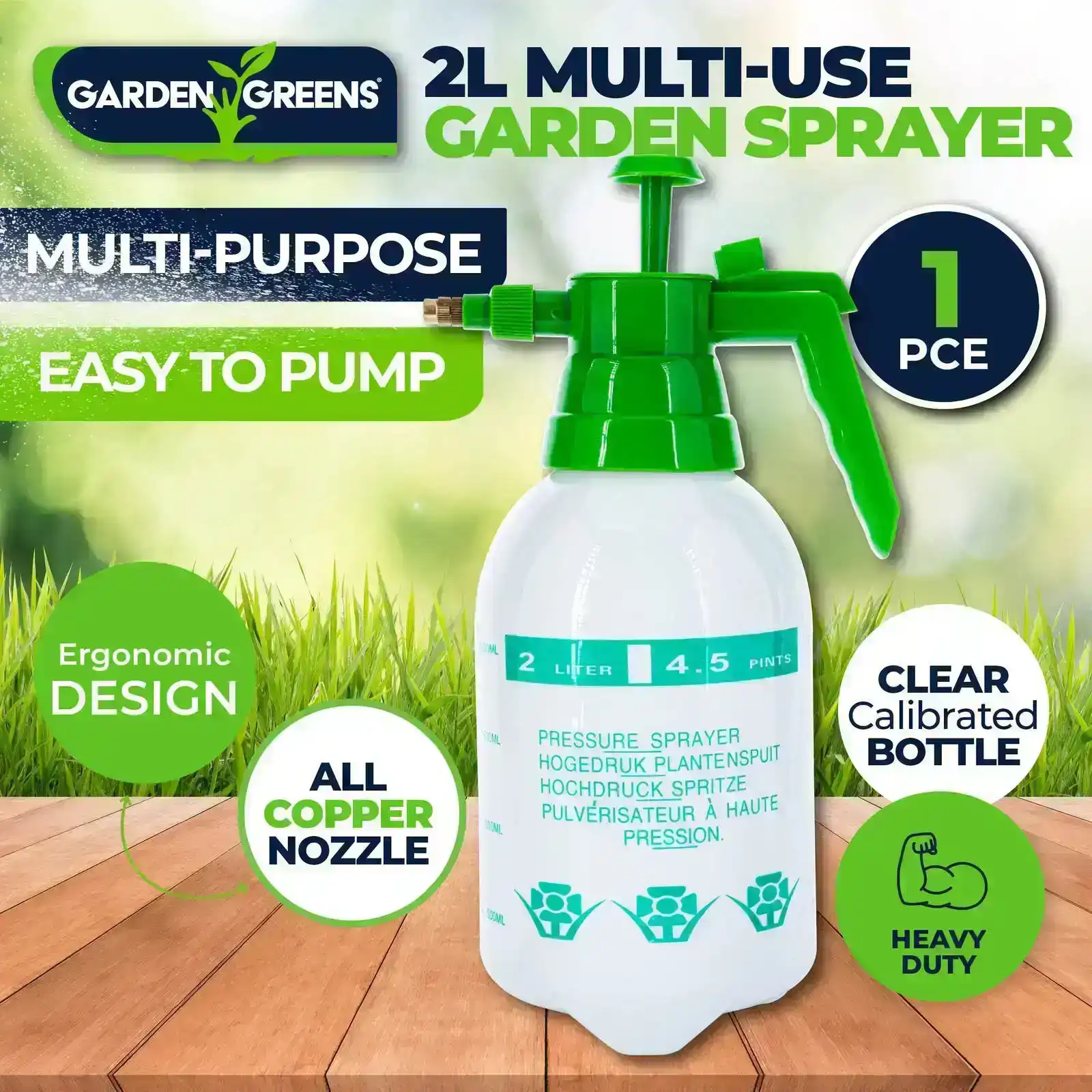 Garden Greens® 2L Pressure Sprayer Easy Pump Adjustable Nozzle Garden Plants