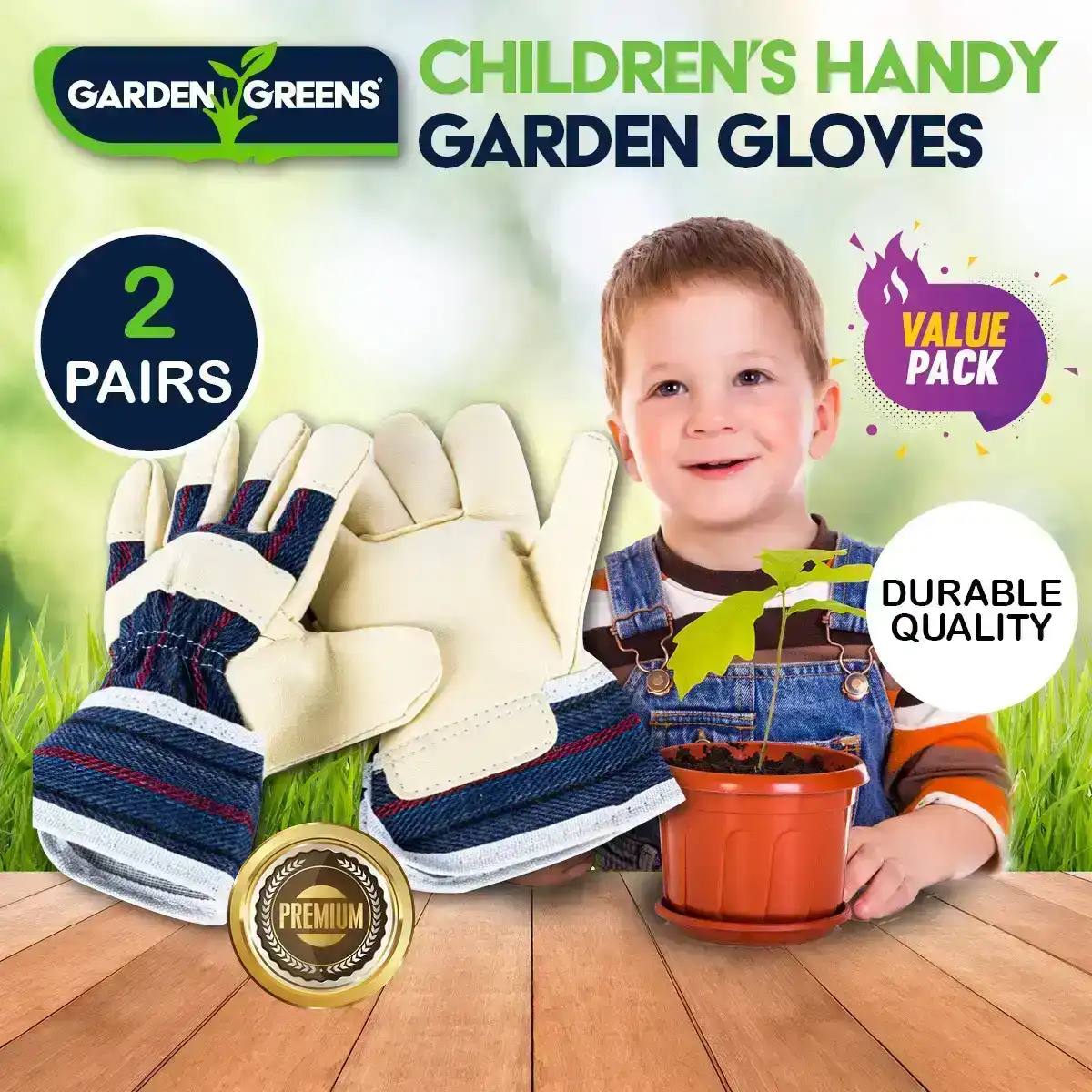 Garden Greens® 2 Pairs Children's Garden Gloves Premium Quality Leather Outdoor