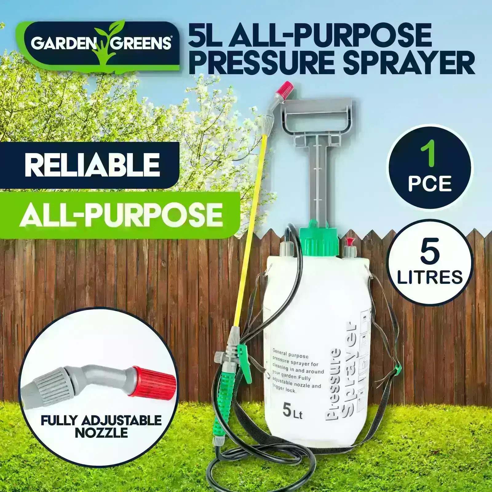 Garden Greens 5L Pressure Sprayer Easy Pump Adjustable Nozzle On/Off Trigger