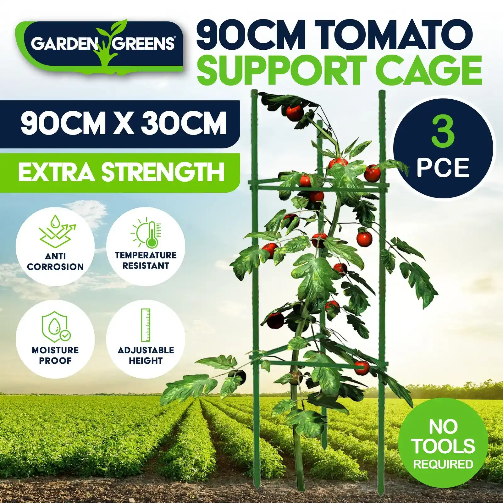 Garden Greens® 3PK Plant Support Fruit Vegetables Adjustable Height Sturdy 90cm