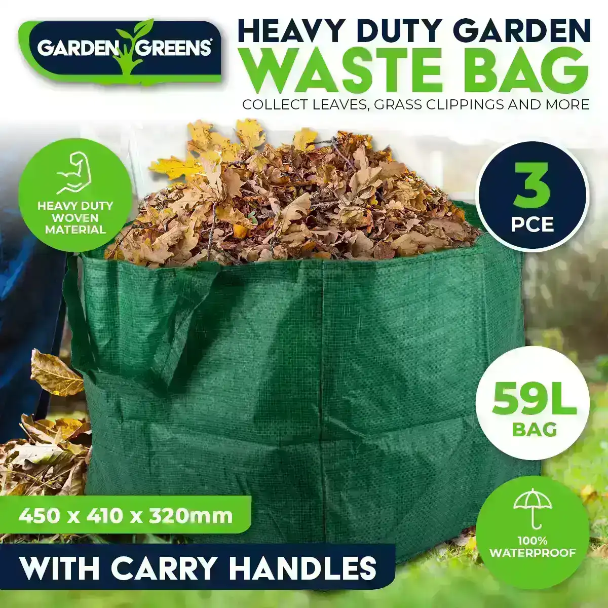 Garden Greens® 3PCE Garden Waste Bag Reusable Strong Material Lightweight 59L