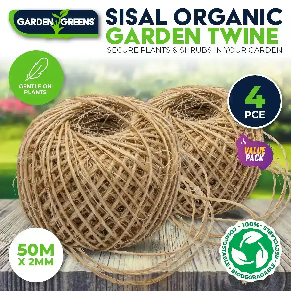 Garden Greens® 4PK Garden Twine Sisal Versatile Organic Gentle 50m x 2mm