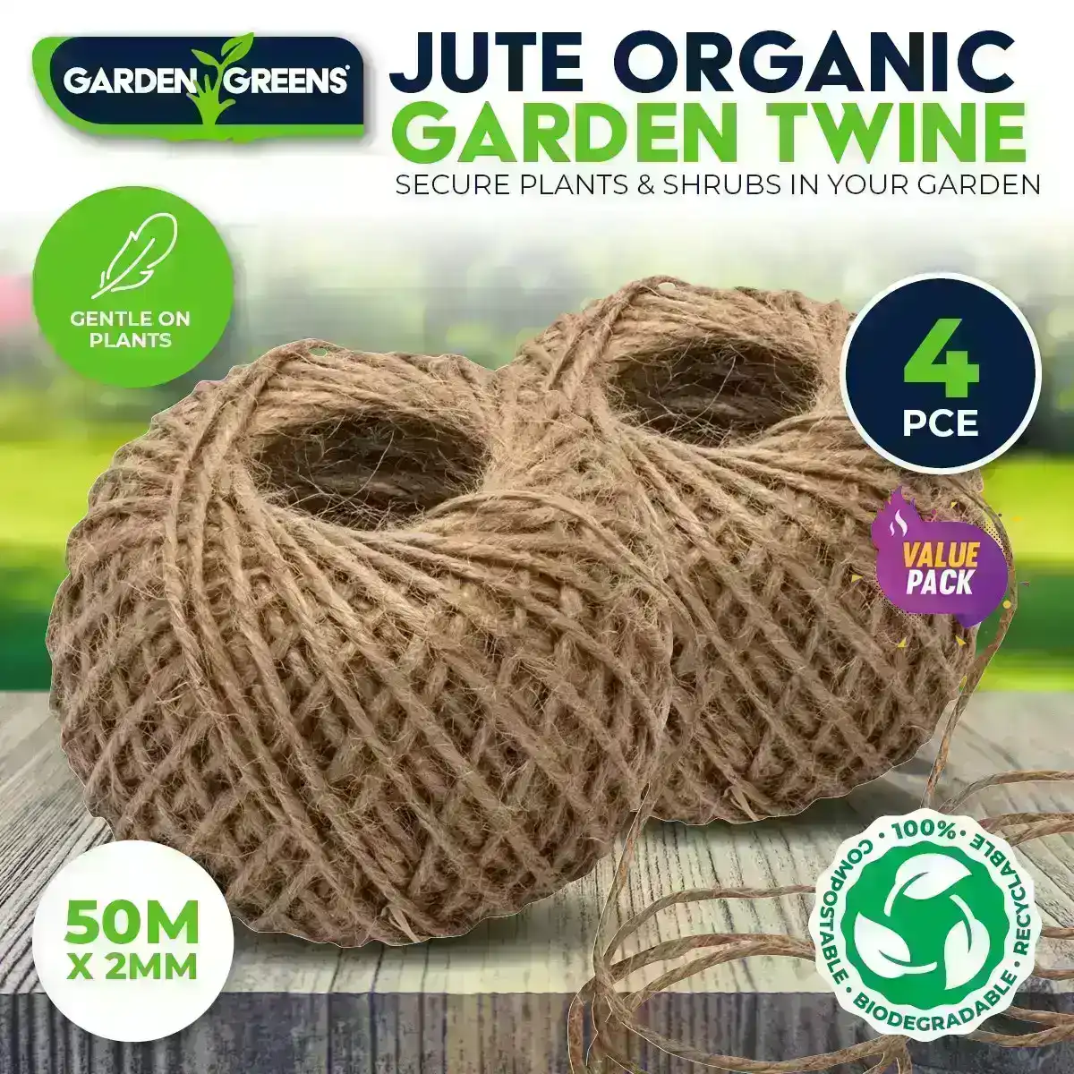 Garden Greens® 4PK Garden Twine Jute Versatile Organic Gentle 50m x 2mm