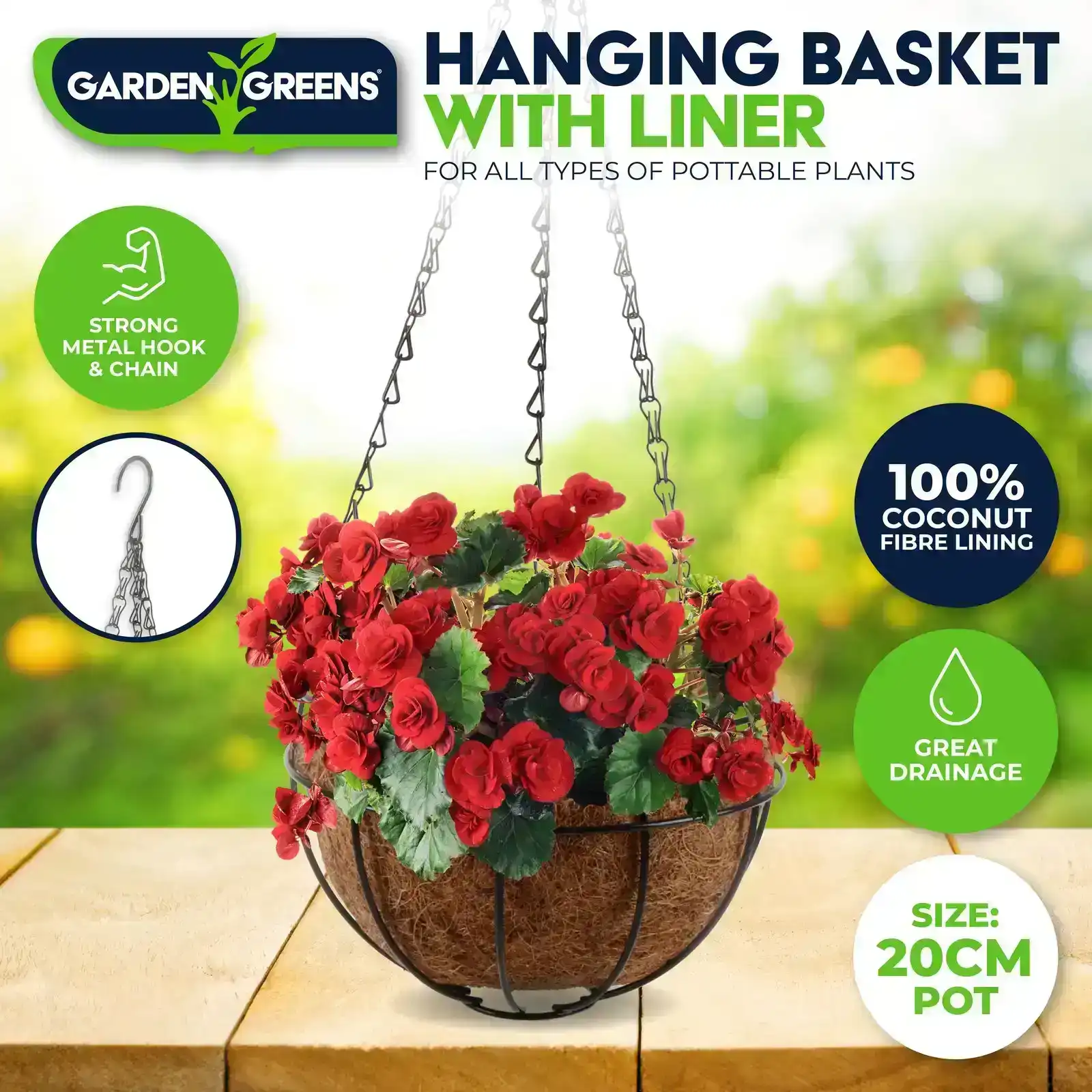 Garden Greens® Hanging Planter Basket Coconut Fibre Lining Strong Chain 20cm