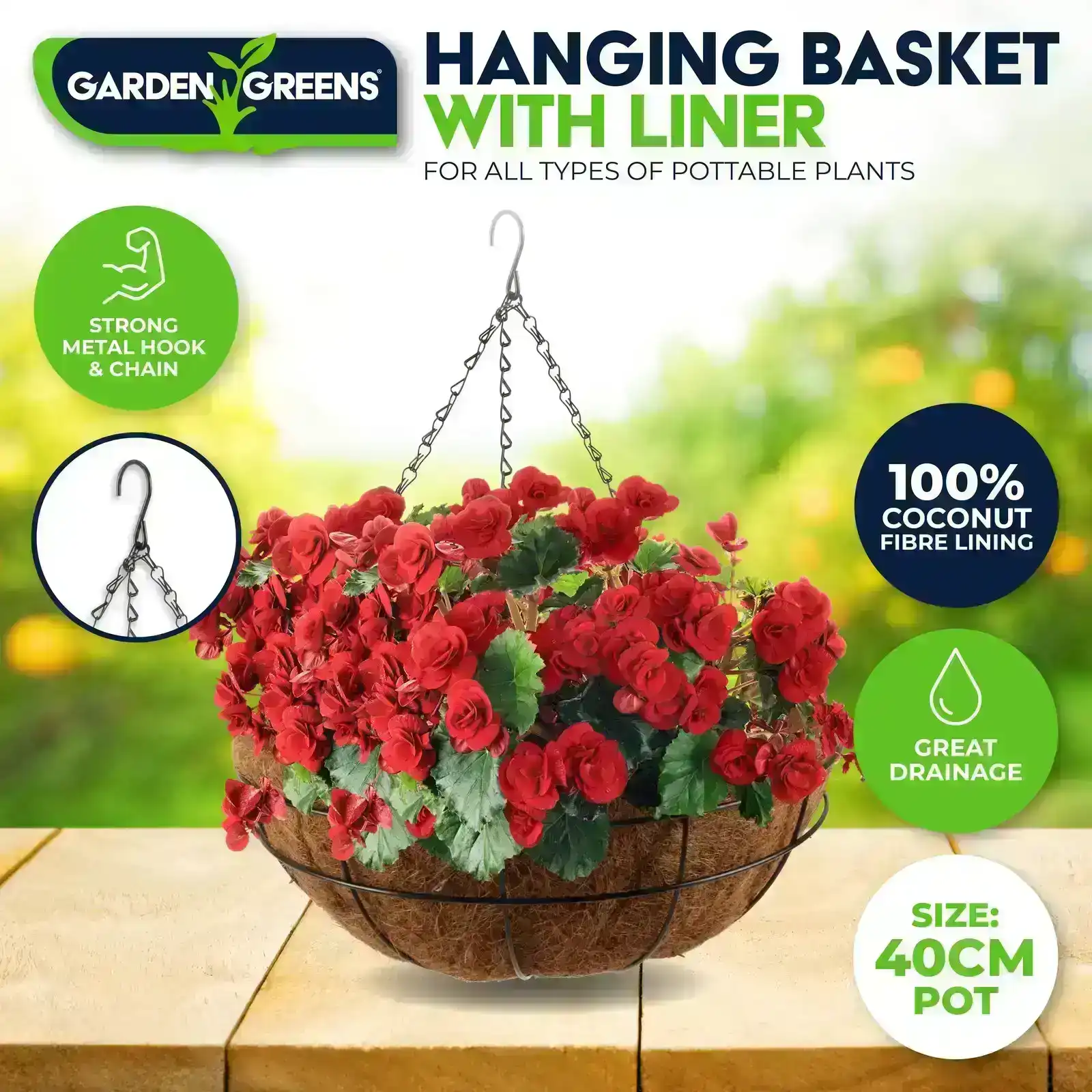 Garden Greens® Hanging Planter Basket Coconut Fibre Lining Strong Chain 40cm
