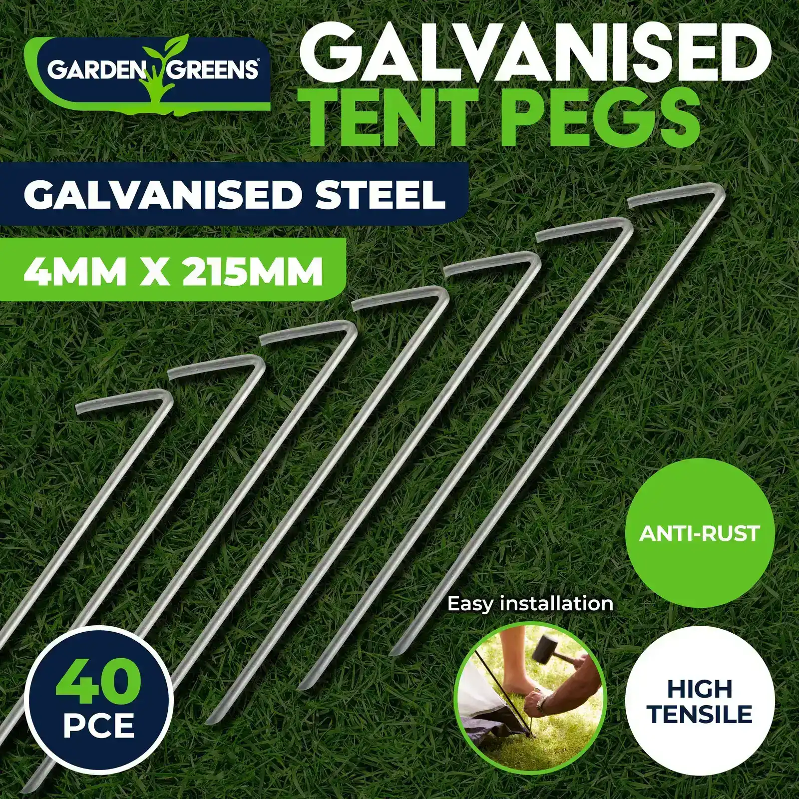 Garden Greens® 40PCE Tent Pegs Multi Purpose Anti Rust High Tensile 4 x 215mm