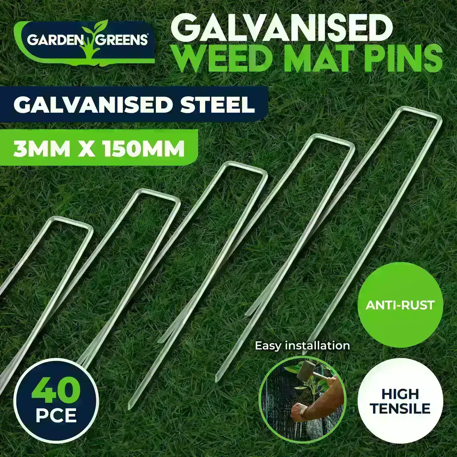 Garden Greens® 40PCE Weed Mat Pins Galvanised Steel Anti Rust 3mm x 150mm