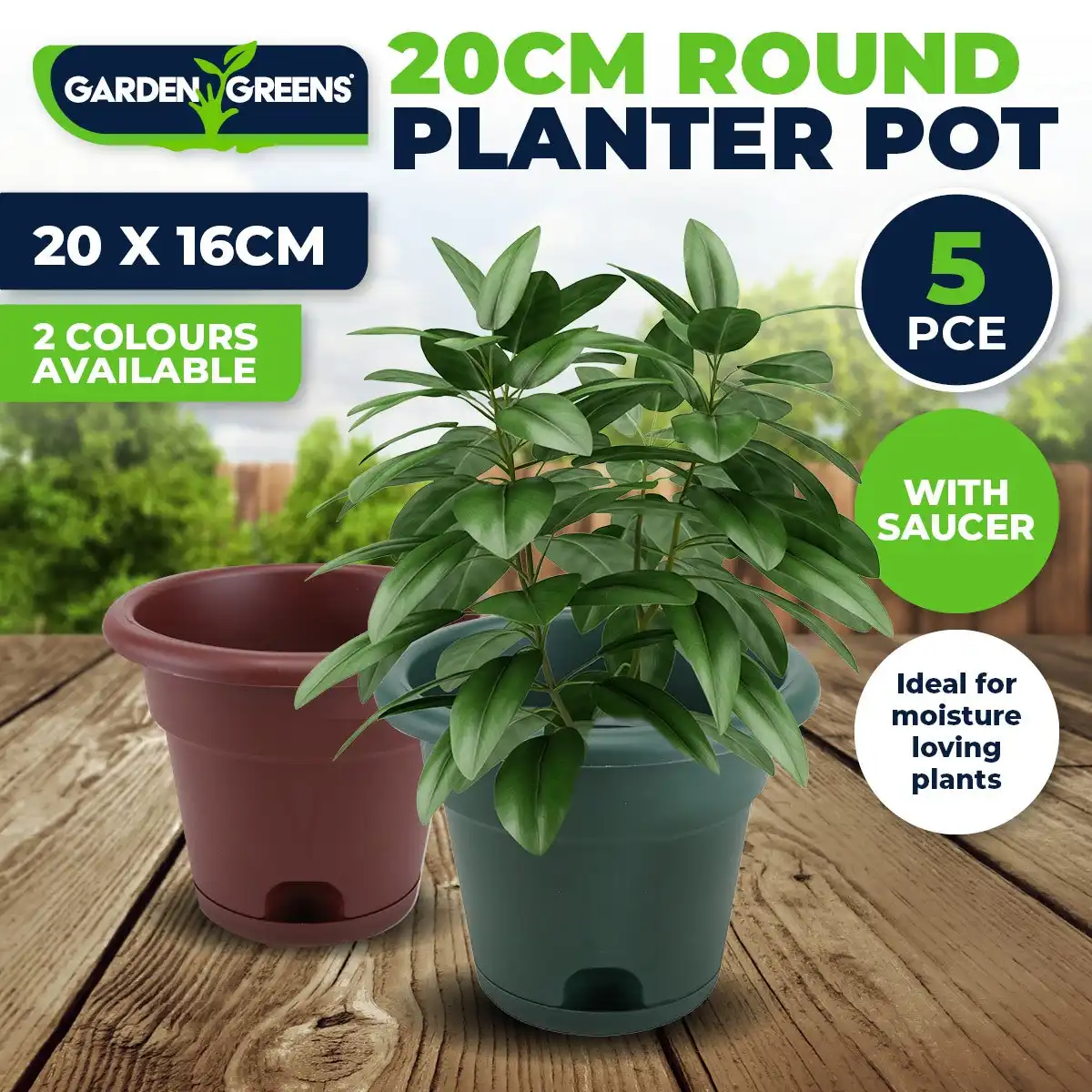 Garden Greens® 5PCE Planter Pots & Saucers Round Various Colours Stylish 20cm