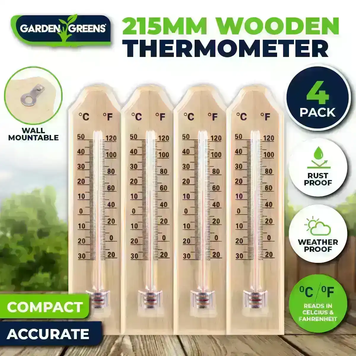 Garden Greens® 4PK Thermometer Wooden Accurate Weatherproof 21.5 x 4.5cm