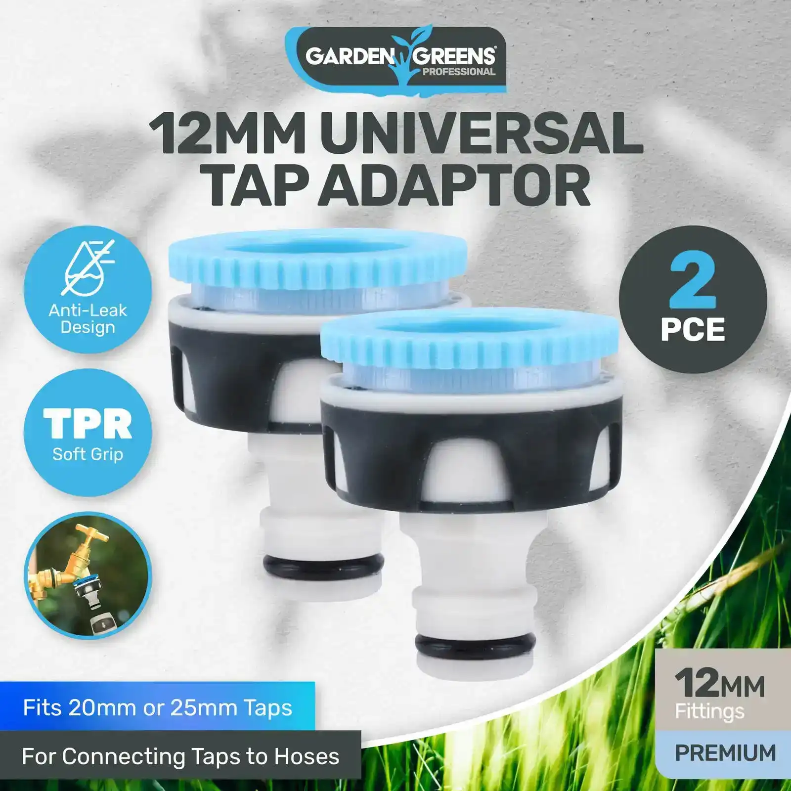 Garden Greens® 2PCE Tap Adaptor Premium Quality UV Resistant Anti Leak 12mm