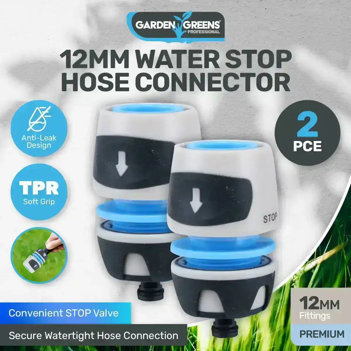 Garden Greens® 2PCE Hose Connector With Handy Stop Valve Premium Quality 12mm