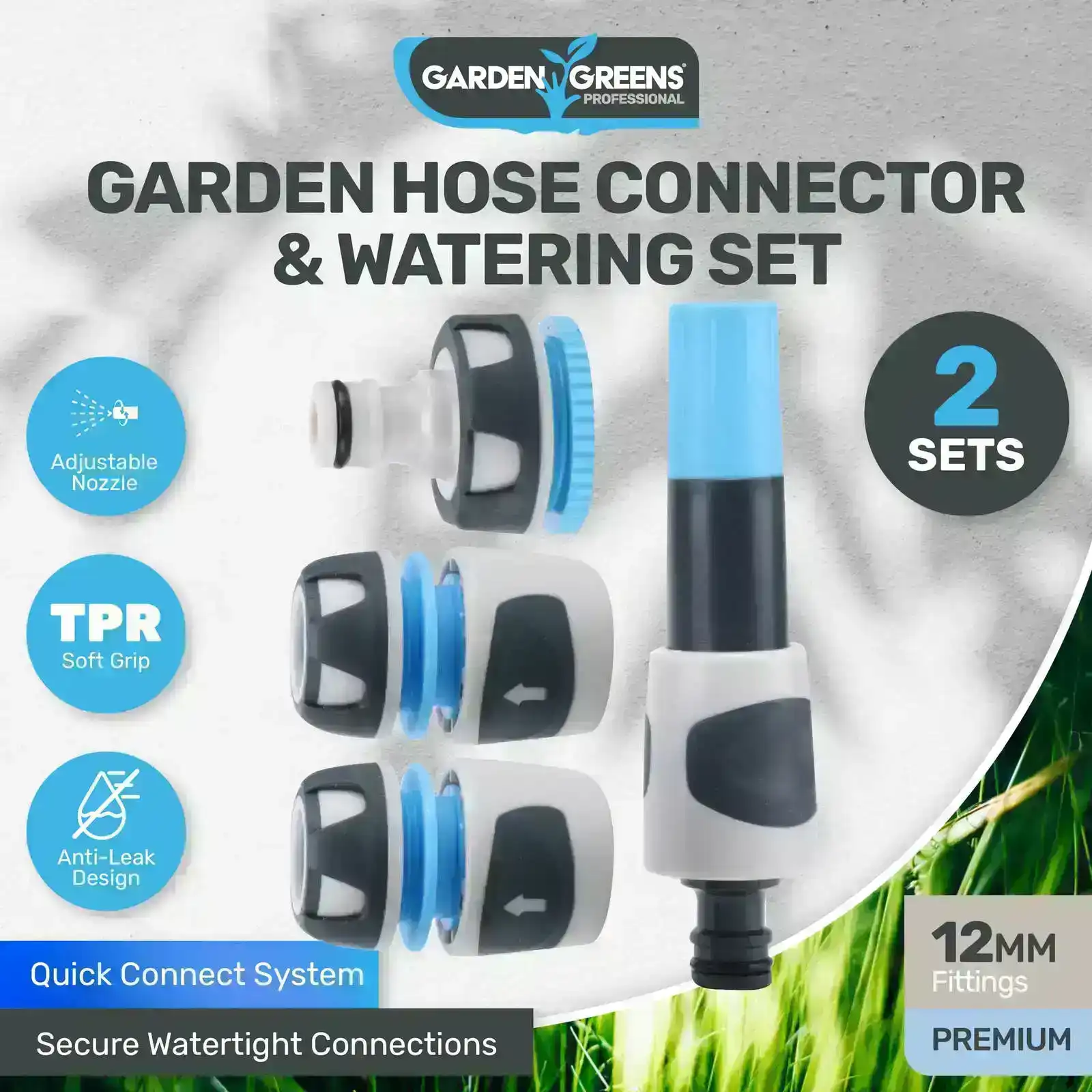 Garden Greens® 2 Sets Hose Connector & Watering Sets Premium Quality 12mm