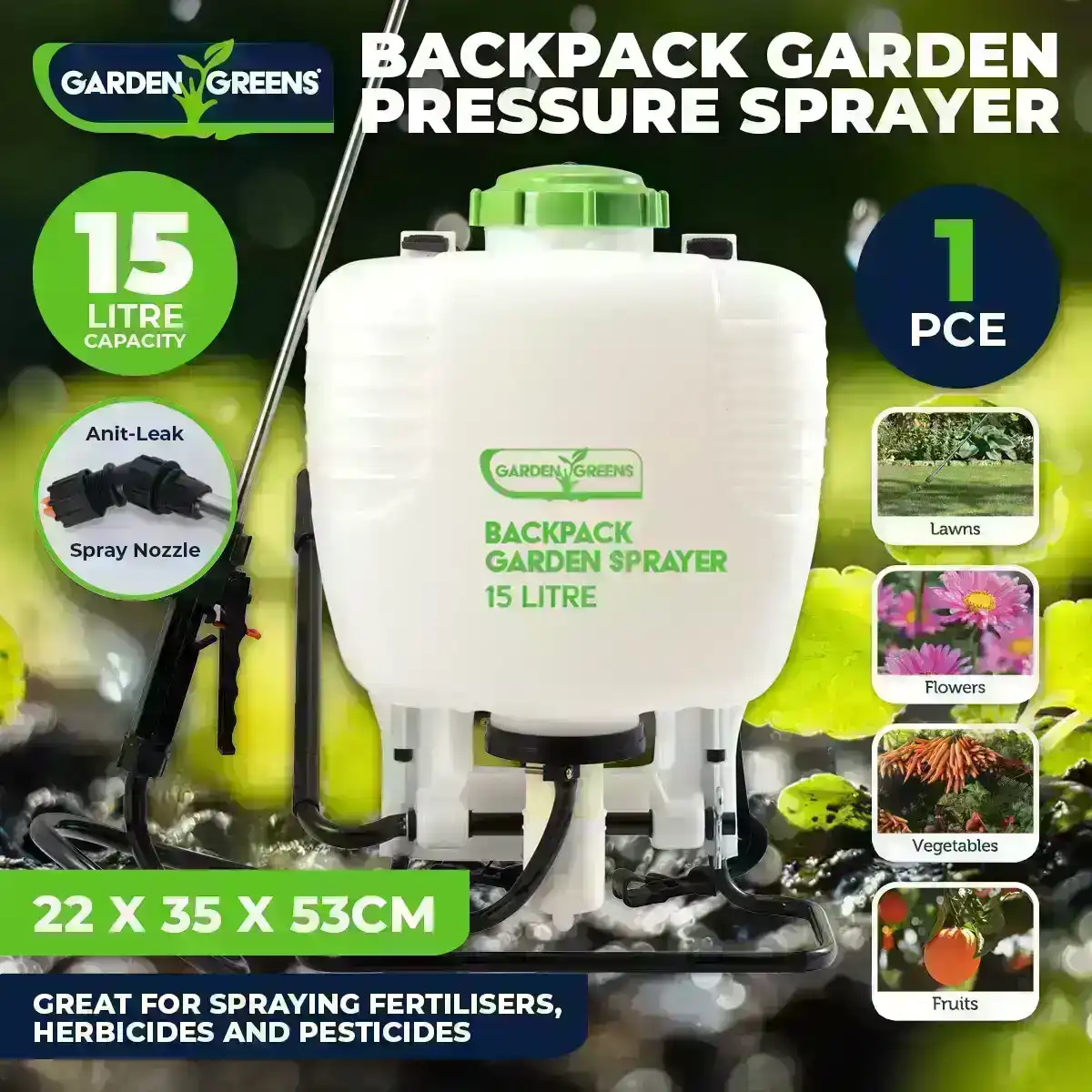 Garden Greens® Pressure Sprayer Backpack Design Comfortable Compact 15 Litre