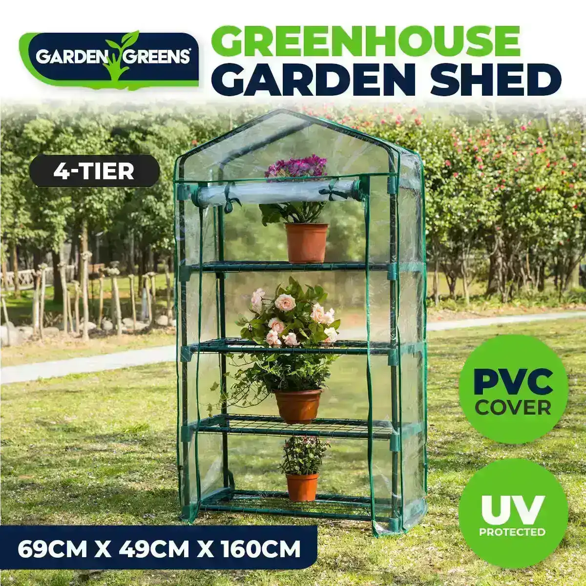 Garden Greens® Greenhouse Shed 4 Tier UV Protected Cover Sturdy Structure 1.6m