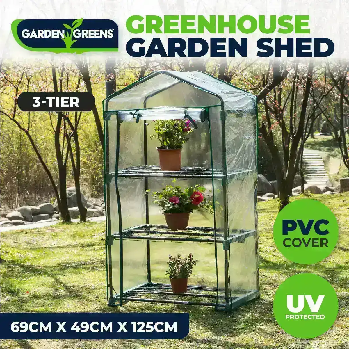 Garden Greens® Greenhouse Shed 3 Tier UV Protected Cover Solid Structure 1.25m