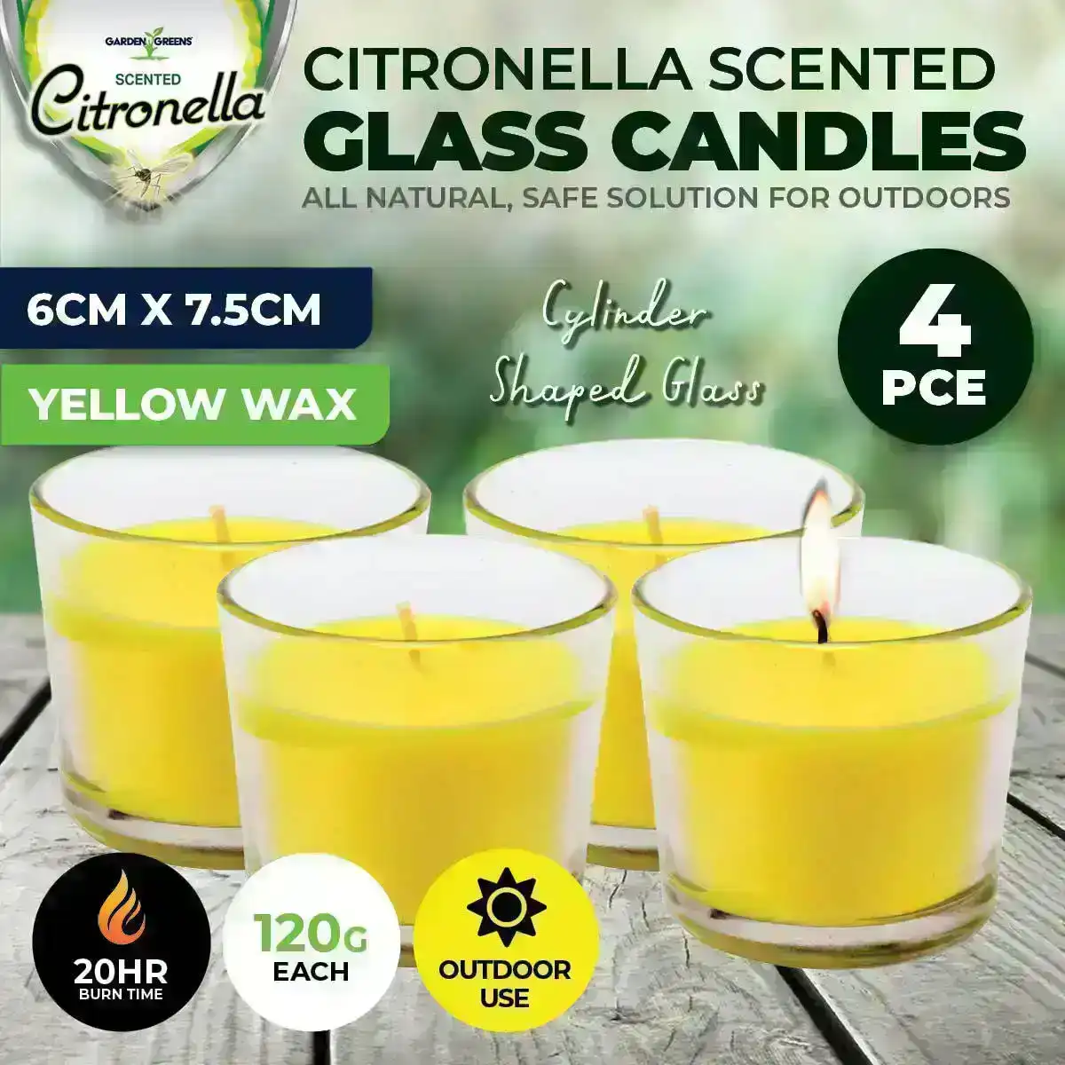 Garden Greens® 4PCE Citronella Scented Candles Cylinder Glass Jars 120g