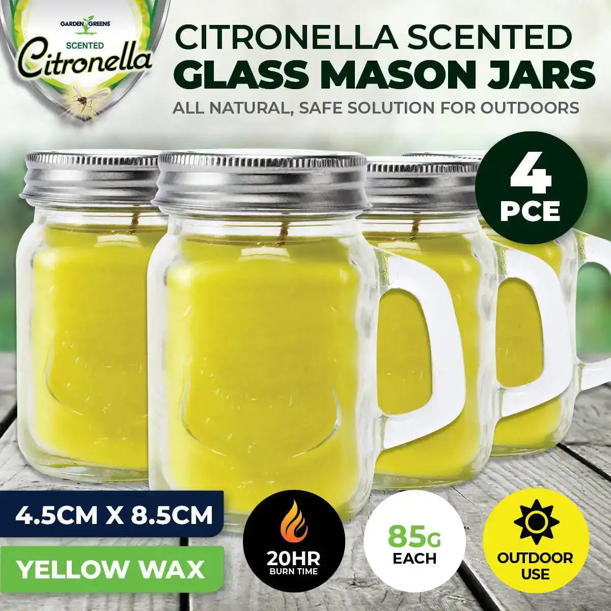 Garden Greens® 4PCE Citronella Scented Yellow Wax Candles Glass Mason Jars 85g