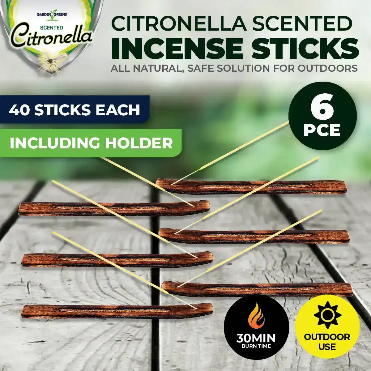 Garden Greens® 6PCE Citronella Scented Incense Sticks & Wooden Holders